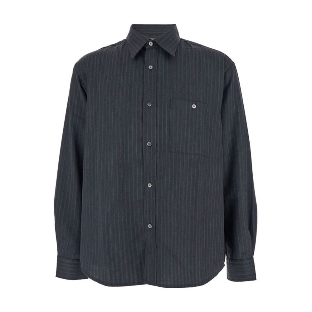 Tonywack Men Grey Pinstriped Shirt With Pointed Collar In Wool Blend Man